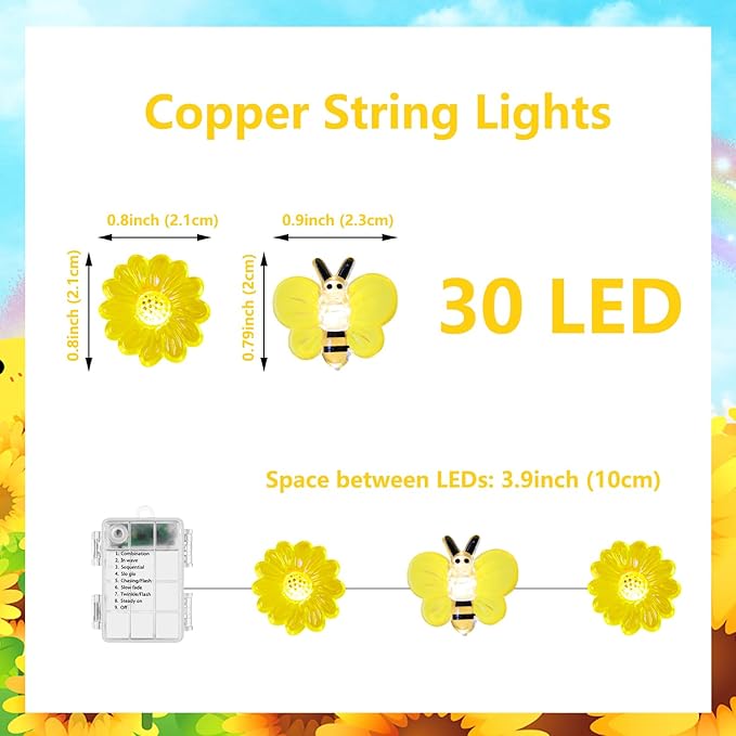Bee Lights Sunflower Fairy Lights, Honeybee 30 LED Copper String Lights with 8Modes Remote Control&Battery Operated Twinkle Lights for Christmas, Bedroom Plants, Spring Decor (Bee&Sunflower)