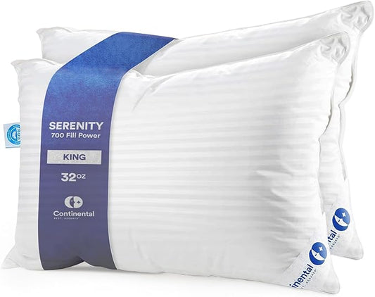 Continental Bedding Luxury Down Pillows King Size Set of 2 - Cool Breathable Bed Pillows for Sleeping, Back, Side, Stomach Sleepers – 700 FP, Firm