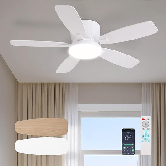 Ceiling Fans with Lights, 44" Low Profile Ceiling Fan with Light Remote Control, 6 Speed 35dB Ultra Quiet Smart Ceiling Fan with Reversible DC Motor, Dimmable 3CCT LED for Bedroom/Living Room (White)
