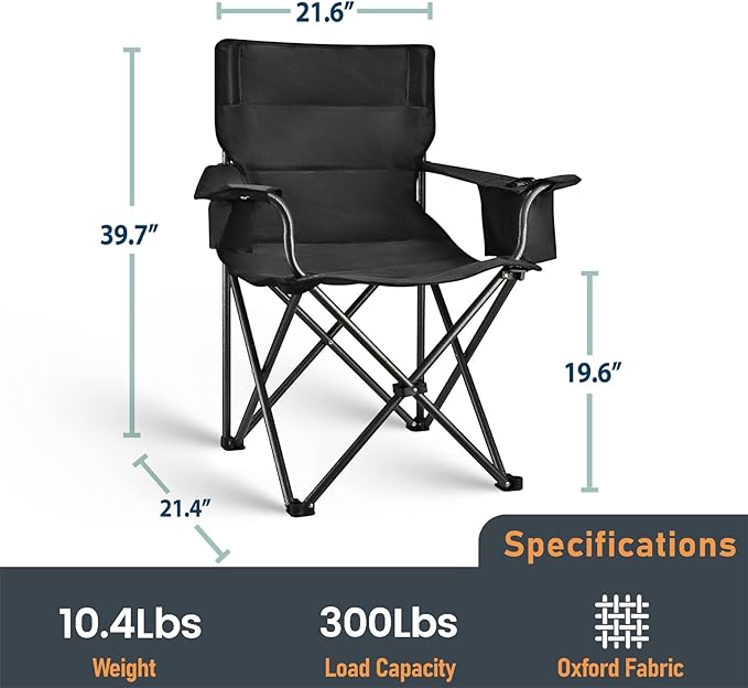 Camping Chair Folding Heavy Duty with Cup Holder & Cooler Bag, Oversized Portable Lawn Chair for Adults, Tall and Lightweight, 300 lbs Capacity, for Beach, Fishing, Sports, Travel