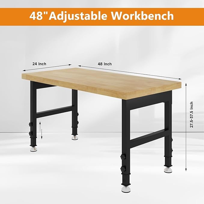 48" Work Bench, Adjustable Height Workbench, Heavy-Duty Thicker Work Table, 2000 LBS Load Capacity Workstation for Garage, Workshop, Office, Home