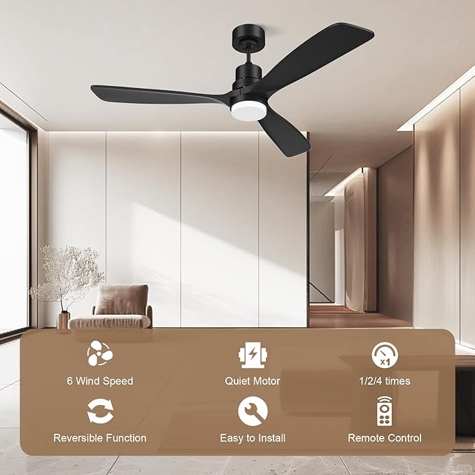 Obabala 52IN Ceiling Fan with Light and Remote Control Indoor Outdoor Ceiling Fan with 3 Blades Wood Reversible Function for Patio, Porch, Bedroom, Living Room (Black)