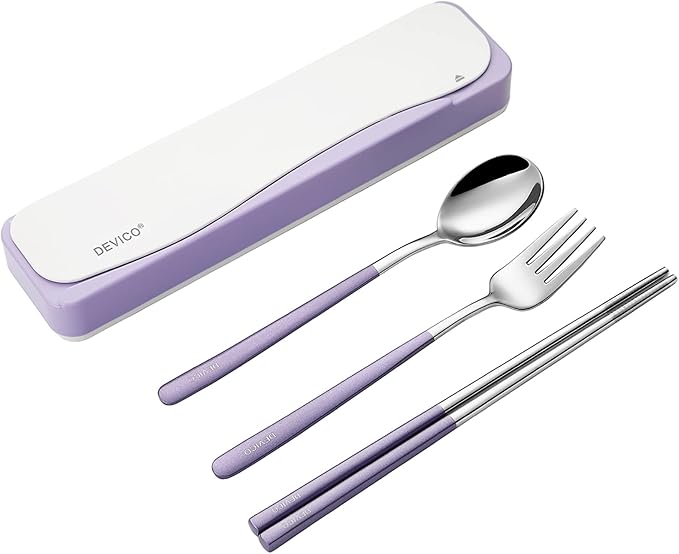 DEVICO Travel Utensils, Portable 18/8 Stainless Steel Silverware Flatware Set, Include Fork Spoon Chopsticks with Case (Purple)
