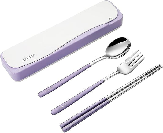DEVICO Travel Utensils, Portable 18/8 Stainless Steel Silverware Flatware Set, Include Fork Spoon Chopsticks with Case (Purple)