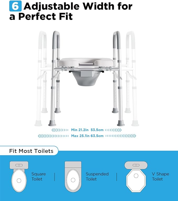 Bedside Commode for Seniors, FSA/HSA Eligible Bedside Toilet with Adjustable Width and Height, 400 LBS Weight Capacity, 16.5 Inch Extra Large Soft Seat Plate