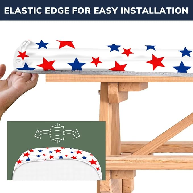 CAPSCEOLL Picnic Table Cover with Bench Covers 8Ft 4Th of July Waterproof Camping Tablecloth All-Weather Outdoor Table Protector with Drawstring Bag for Camping Essentials, 96X30In, Stars