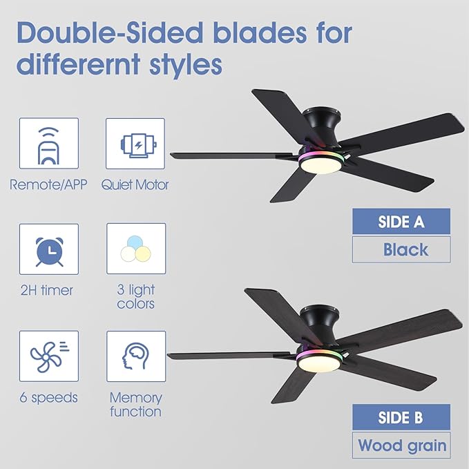 52" RGB Ceiling Fans with Lights and Remote/APP,Black Low Profile Ceiling Fans with Quiet Reversible DC Motor,Modern Flush Mount Ceiling Fan Light for Bedroom Kids Room