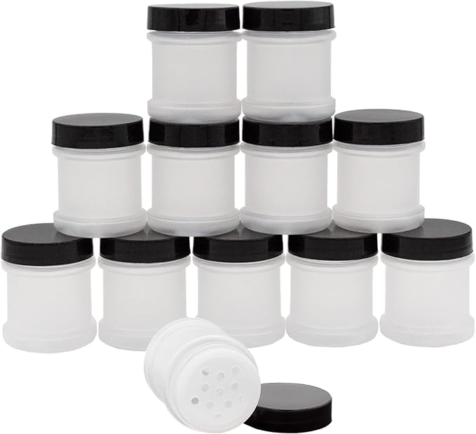 Cornucopia Brands Mini Plastic Spice Jars w/Sifters (12-Pack, Black); 2 Tablespoon Capacity (1 Fluid Ounce) Spice Bottles for Travel, Glitter, Gifts, Favors
