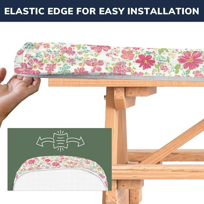 CAPSCEOLL Picnic Table Cover with Bench Covers Waterproof Camping Tablecloth Elastic Table Protector with Drawstring Bag for Camping Essentials, 72X30in, Pink Flowers
