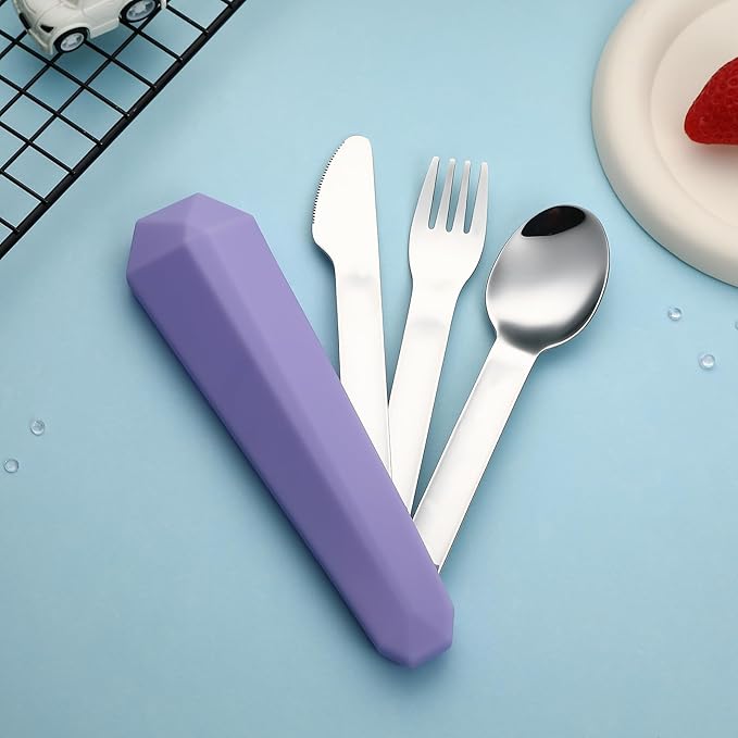 DEVICO Travel Utensils with Case, Reusable Camping Silverware Cutlery, 18/8 Stainless Steel Portable Fork Spoon Knife Set for Lunch Picnic School Workplace (Purple)