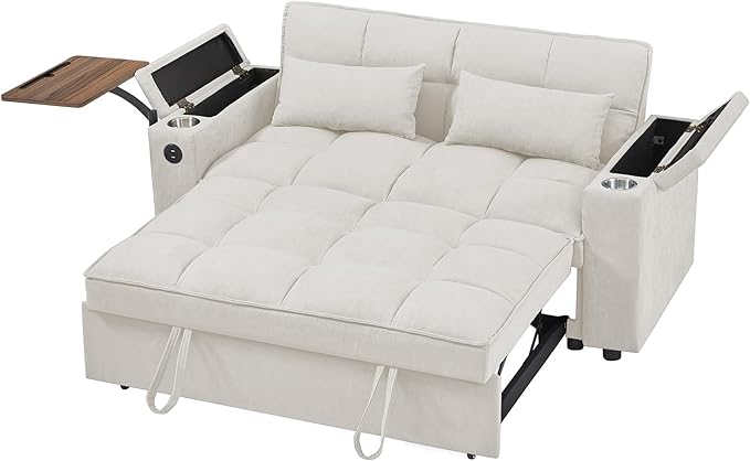 65'' Convertible Sleeper Sofa Bed with Pull-Out Design, 3-in-1 Modern Chenille Fabric Couch with 360° Swivel Side Table, Queen Size, Easy Assembly, for Living Room, White
