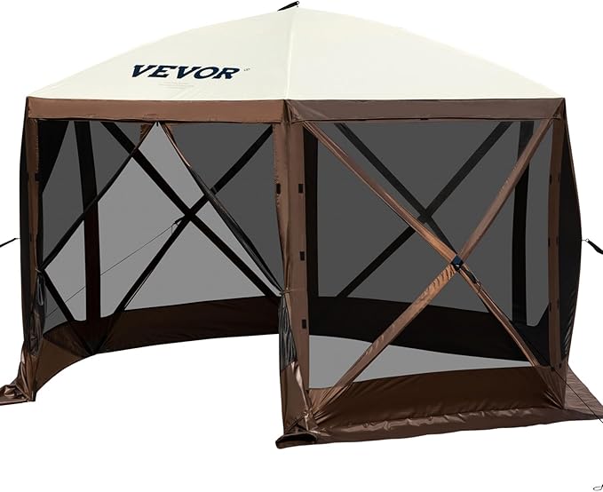 VEVOR 12 * 12ft 6 Sided Pop-up Canopy Shelter Tent with Mesh Windows, Portable Carry Bag, Stakes, Large Shade Tents for Outdoor Camping, Lawn and Backyard, Brown/Beige