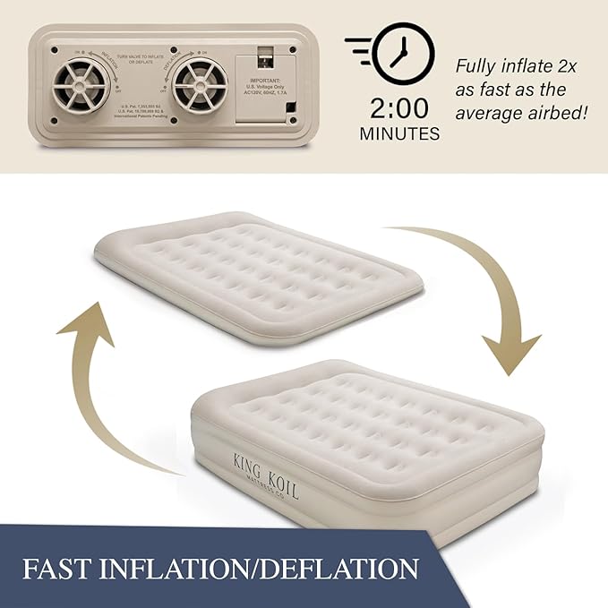 King Koil Luxury Air Mattress 20in Full Size Beige with Built-in Pump for Home, Camping & Guests-Inflatable Airbed Luxury Double High Adjustable Blow Up Mattress, Durable - Portable and Waterproof