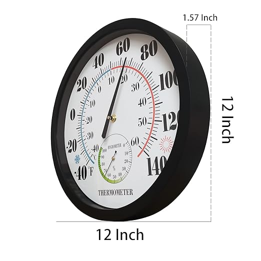 Indoor Outdoor Thermometer Large Numbers 12 Inch Wall Weather Thermometer Hanging Garden Decor Hygrometer No Battery Needed (Black)