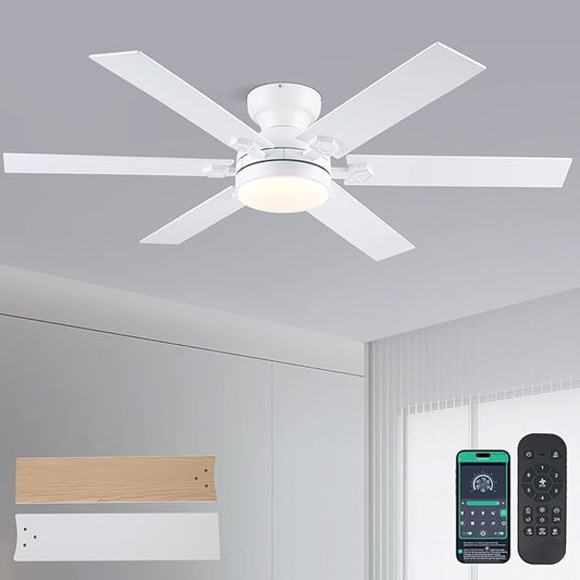 52" Low Profile Ceiling Fans with Lights and Remote, Modern Indoor Ceiling Fans with 3 Colors 6 Speeds, White Flush Mount Ceiling Light Fans for Bedroom