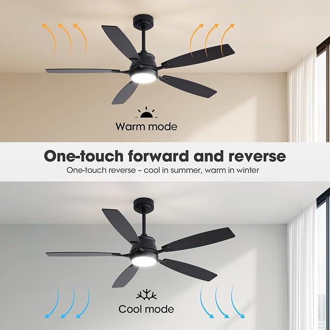 52" Ceiling Fan with Light, Modern Low Profile Ceiling Fan with Light, DC Reversible Motor, Smart APP & Remote Control, Whisper Quiet, Dimmable LED for Bedroom/Living Room
