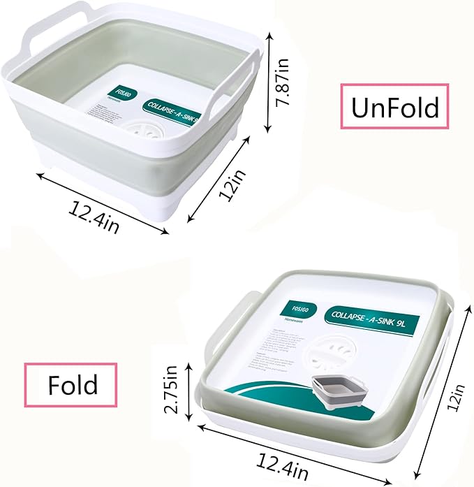 Collapsible Dish Basin with Drain Plug and Carry Handles - 9L Capacity, Portable Sink Tub for Camping and RV