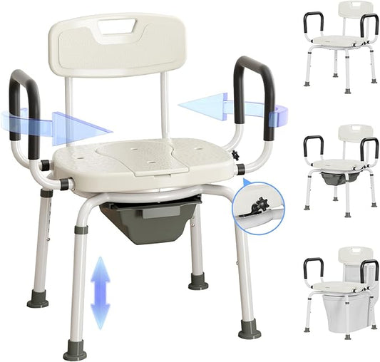 4 in 1 Bedside Commode for Seniors,Portable Toilet for Adults with Arms & Removable Bucket,Height Adjustable Commode Chair for Toilet，Swivel Shower Chair for Inside Shower for Handicapped, Adults