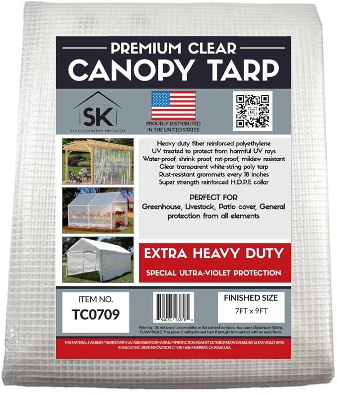 16 Mil Clear Poly Heavy Duty Tarp with Fiber Reinforcement - True Size Tarps with UV Protection, Tear Resistance, Flexibility, Reinforced Corners 7x9