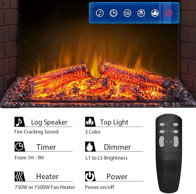 30'' Electric Fireplace Insert, Retro Recessed Fireplace Heater with Fire Cracking Sound, Remote Control & Timer, 750/1500W, Black