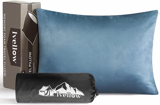 Ivellow Memory Foam Travel Pillow Compressible Camping Pillow for Sleeping Shredded Memory Foam Pillow Compact Firm Supportive Travel Pillow for Adults Kids Outdoor Hiking Essential Gear Blue-S