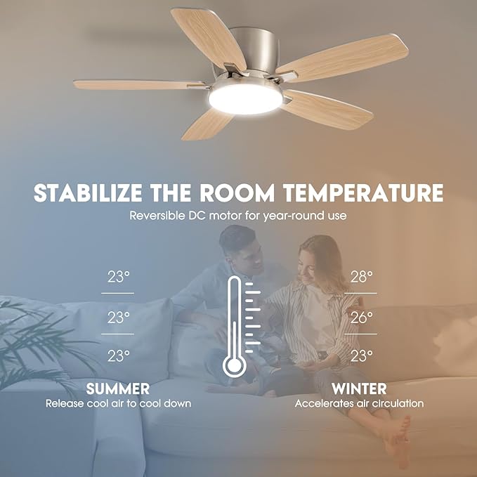 Ceiling Fans with Lights, 44" Low Profile Ceiling Fan with Light Remote Control, 6 Speed 35dB Ultra Quiet Smart Ceiling Fan with Reversible DC Motor, Dimmable 3CCT LED for Bedroom/Living Room
