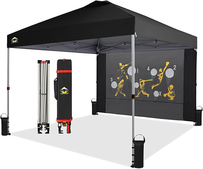 CROWN SHADES 10x10 Pop Up Canopy Tent with Game Netting - Beach Tent with One Push Setup - Outdoor Sun Shade for Events, Parties, Camping with STO-N-Go Cover Bag, Silver Coated Top, Black