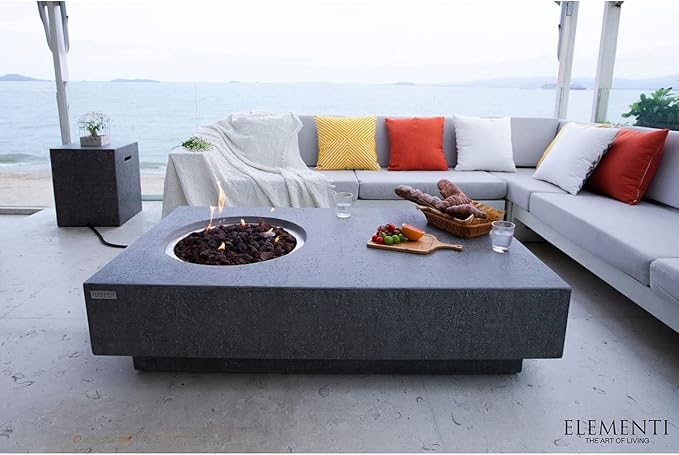 Elementi | Metropolis Gas Fire Pit Cast Concrete 56" Rectangular Fire Table, Outdoor Fire Pit Electronic Ignition | Canvas Cover, Lava Rock Included | Dark Gray (Natural Gas)