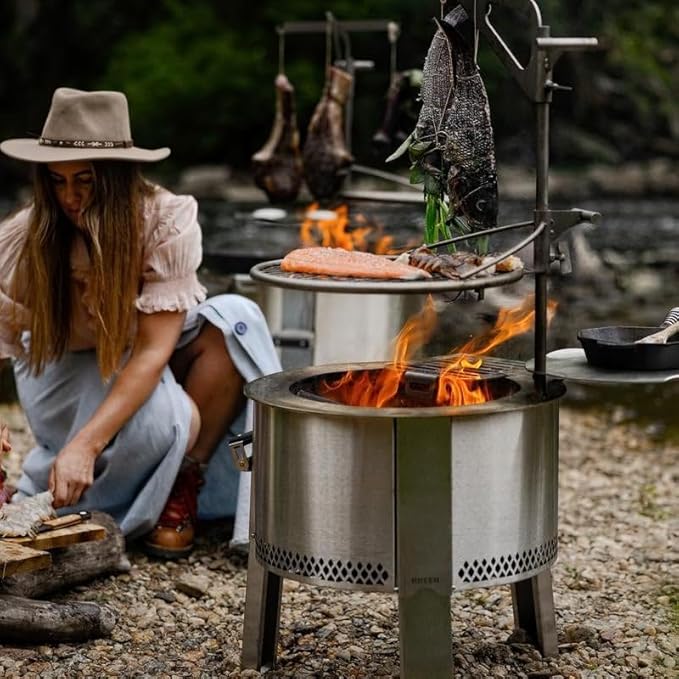 Breeo Smokeless Fire Pit to-Go Bundle (Y Series Stainless Steel, Outpost Grill & to Go Case) | 21 inch Smokeless Firepit for Outside | Ideal for Families