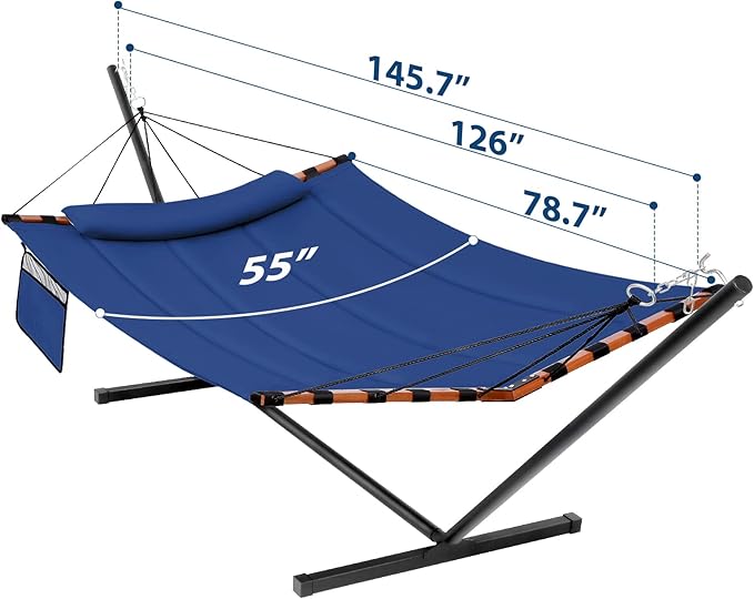TegerDeger 12FT 2 Person Hammock with Stand Included 55 x 79IN Large Hammock 450LB Capacity with Hardwood Spreader Bar & Nylon Rope for Outside, Patio, Garden, Backyard, Beach, Poolside - Blue