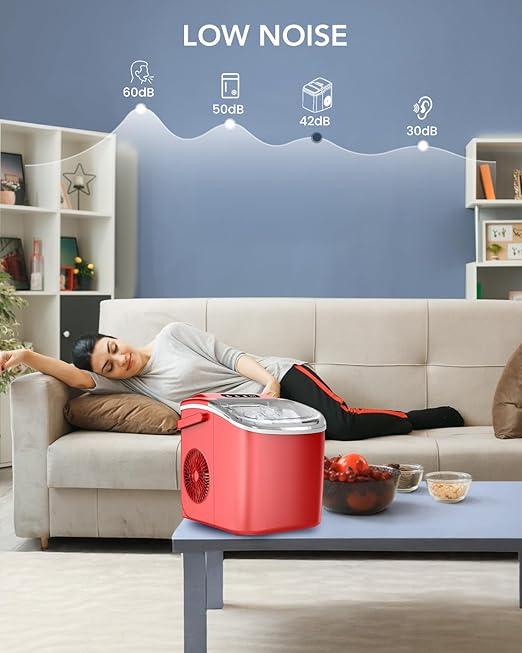 Ice Maker Countertop, Efficient Easy Carry Ice Machine, Self-Cleaning Ice Maker with Ice Scoop & Basket, 9pcs/ 8mins 26.6Lbs Per Day for Home/Office/Kitchen,RED