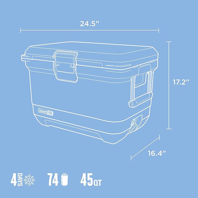 Coleman Pro Heavy-Duty 45qt Ultra-Light Premium Hard Cooler, Extra-Thick Insulation Keeps Ice up to 4 Days, 74-Can Capacity
