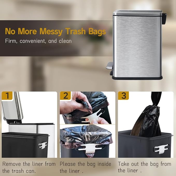 Bathroom Trash Can, 10 Liter / 2.6 Gallon Stainless Steel Garbage Can with Removable Inner Bucket, Soft Close Lid Step Trash Bin for Bedroom, Office, Kitchen, Brushed Silver