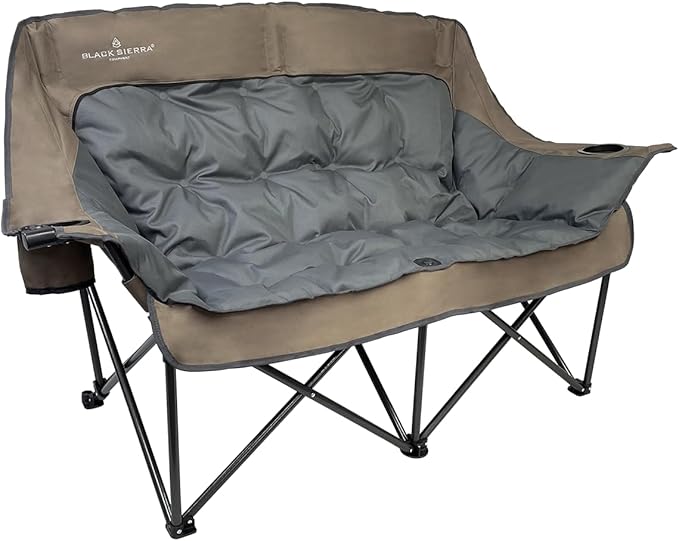Black Sierra Double Camping Chair for Adults, Oversized Folding Loveseat Supports 600 lbs, Plush Padded Outdoor Couch with Cup Holders and Carry Bag for Beach, Patio, RV, or Tailgating Events