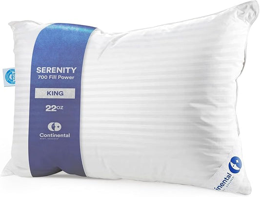 Continental Bedding | Serenity Goose Down Pillow | 700 Fill Power Hungarian White Down | 400TC Cotton Damask Shell | Made in USA | Soft, King (Pack of 1)