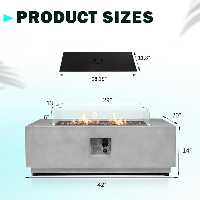 42" Rectangular Propane Fire Pit – 50,000 BTU Concrete Fire Pit with Glass Wind Guard – Outdoor Firepits – Gas Fireplace for Deck or Patio
