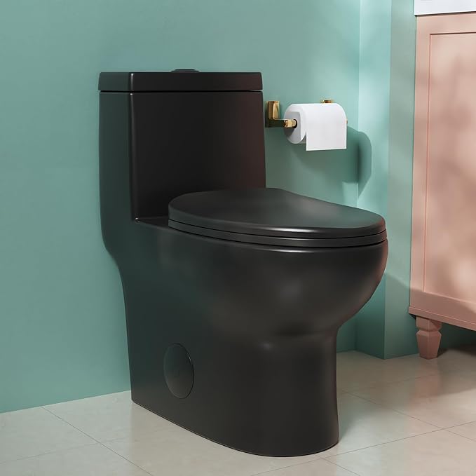 DeerValley DV-1F026B Elongated One Piece Toilet, Dual Flush 1.1/1.6 GPF Toilet with Comfortable Seat Height, Powerful & Quiet Modern Standard Toilet for Bathroom, 12" Rough-In