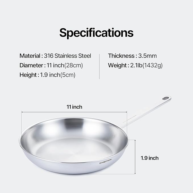 11-Inch 316 Stainless Steel Frying Pan, 5-Ply Stainless Steel Skillet, Induction Compatible, Dishwasher & Oven Safe