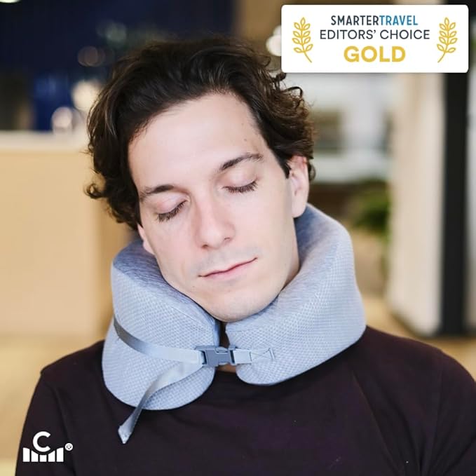 C CUSHION LAB Travel Pillow, Award-Winning Patented Ergonomic Design for Chin & Neck Support Memory Foam Neck Pillow, Compact Airplane Pillow for Traveling, Flight, Car (Navy, Large)