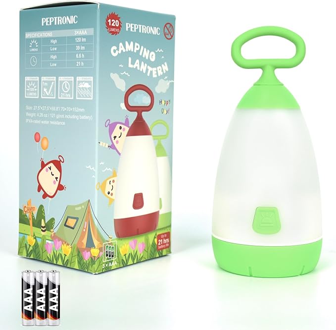Kids Camping Lantern & Night Light Battery Powered (AAA Included), 360° Eye-Safe Light, IPX4 Waterproof with RGB Modes Portable for Outdoor, Emergency & Bedtime, Gift for Children (Green)