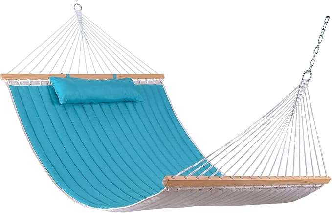 Lazy Daze Hammocks 12FT Quilted Fabric Double Hammock with Pillow, 2 Person Hammock with Spreader Bar for Outdoor Outside Patio Garden Yard Pool Beach (Blue)