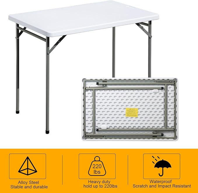 Folding Table 3ft Rectangular All-Occasion Plastic Folding Event Table for Indoor and Outdoor, Portable Desk, Camping, Durable and Stable, HDPE and Steel, Wide Application, White