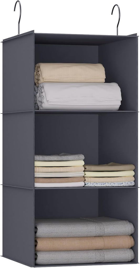 Hanging Closet Organizer and Storage 3-Shelf, Easy Mount Foldable Hanging Closet Wardrobe Storage Shelves, Clothes Handbag Shoes Accessories Storage, Washable Oxford Cloth Fabric, Dark Gray