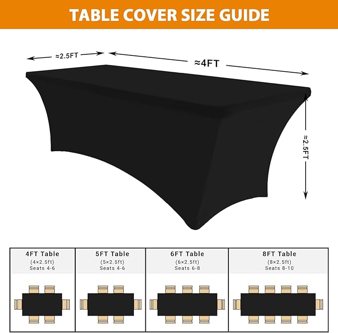 Eurmax USA Rectangular Fitted Spandex Table Covers 4ft Tablecloth Wedding Event Patio Table Decorations Stretch Table Cover for 4ft Folding Table (Black,2 Pack)