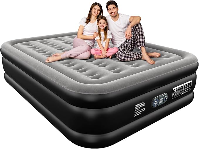 Air Mattress 18", Queen Air Mattress with Built in Pump, Inflatable Mattress with Soft Flocked Top and Portable Carry Bag Adjustable Blow Up Mattress for Guest, Indoor, Travel (Black)