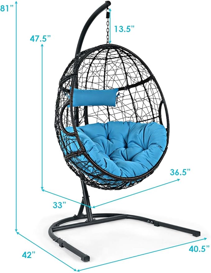 Giantex Hanging Egg Chair, 36.5-Width Oversized Swing Chair with C-Hammock Stand Set, Hammock Chair with Soft Seat Cushion & Pillow, Multifunctional Hanging Chairs for Outdoor Indoor Bedroom (Blue)