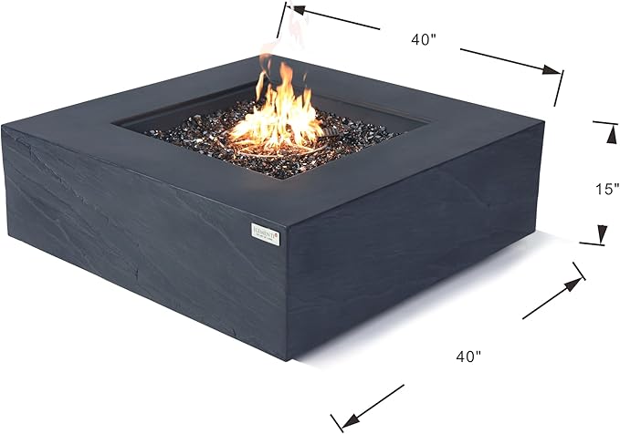 Elementi+ | Bundle Roraima Gas Fire Pit Cast Concrete 40" Square Fire Table, Outdoor Fire Pit Electronic Ignition | Canvas Cover, Fire Glass and Burner Lid Included | Dark Gray | Propane Gas