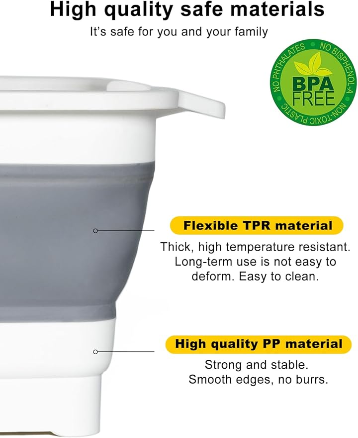 Collapsible Wash Basin with Drain Plug 9L (2.4Gal), Dishpan for Washing Dishes Basin,Collapsible Dish Tub Portable Sink for Kitchen Sink, Camping RV Washing Tub(Gray)