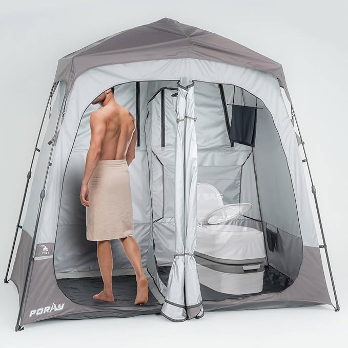 Camping Shower Tent Deluxe Changing Room Easy Set Up Privacy Shelter,Large Toilet Tent with Floor Drain Design for Beach, Camping,Hiking with Stakes and Ropes for Stability