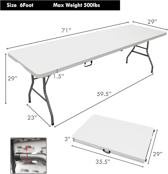 6ft Folding Table,Sturdy Outdoor Folding Table,Perfect for Camping Picnics Parties Foldable Table with Easy Setup Ideal Portable Table for Indoor & Outdoor Use (White, 6 Foot)